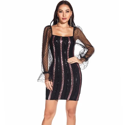 Mesh Sleeve Vintage-Like Sequin Dress - Image 7