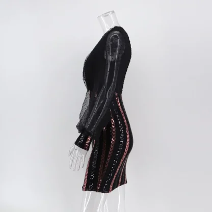 Elegant Mesh Long Sleeve Shiny Dress - Image 6