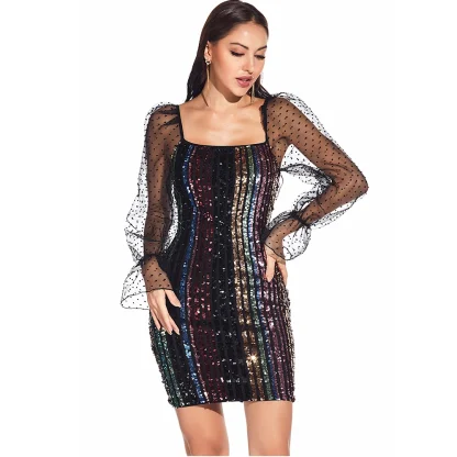 Mesh Long Sleeve Sparkling Dress - Image 5
