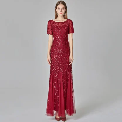 Elegant Leaf-Detail Sequin Chiffon Dress - Image 2