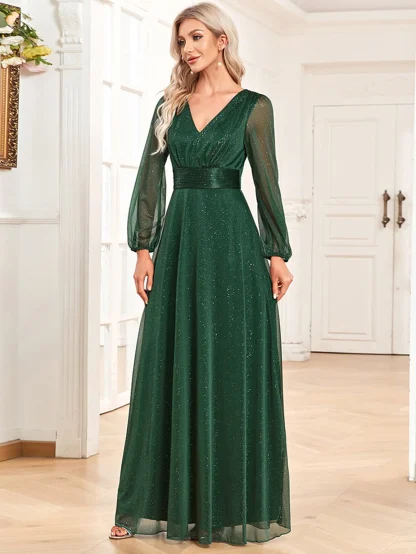 Puff Long Sleeve Sparkling Chiffon Dress - Image 3