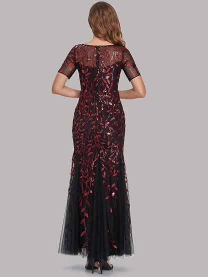 Elegant Leaf-Detail Sequin Chiffon Dress - Image 5