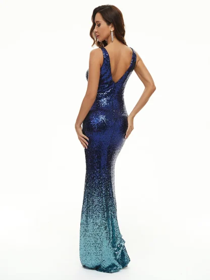 Deep V Front 2-Tone Shiny Maxi Dress - Image 6