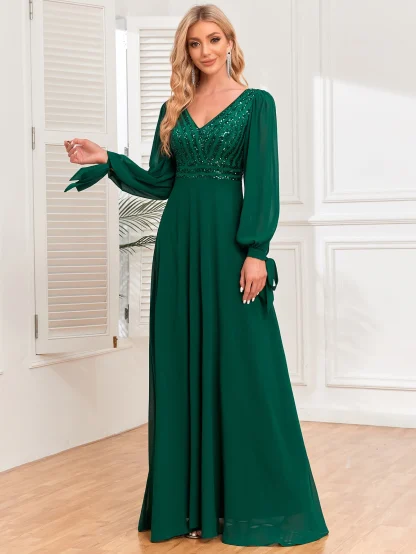 Elegant Long Sleeve Chiffon Shiny Dress - Image 3