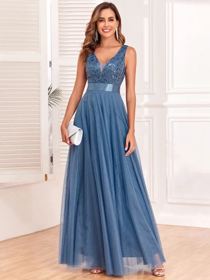 Sexy V-Neck Mesh Sequin Maxi Dress