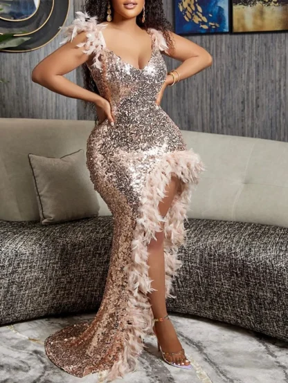 Backless Sequin Maxi Party Slit Dress - Image 3