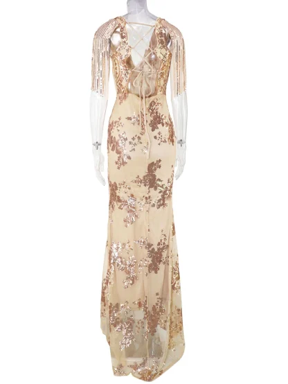 Lace Up Tassel Sleeve Shiny Dress - Image 7