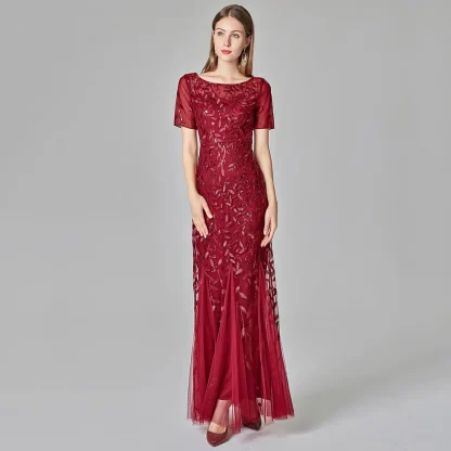 Elegant Leaf-Detail Sequin Chiffon Dress - Image 3