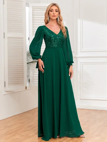 Elegant Long Sleeve Chiffon Shiny Dress - Image 4