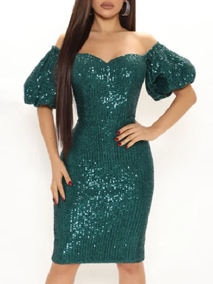 Off-Shoulder Puff Sequin Dress