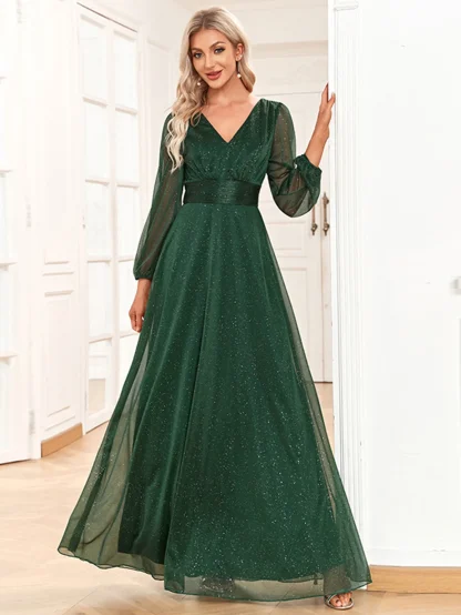 Puff Long Sleeve Sparkling Chiffon Dress - Image 4