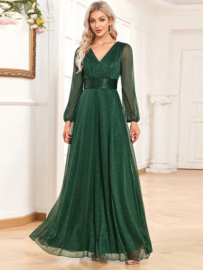 Puff Long Sleeve Sparkling Chiffon Dress