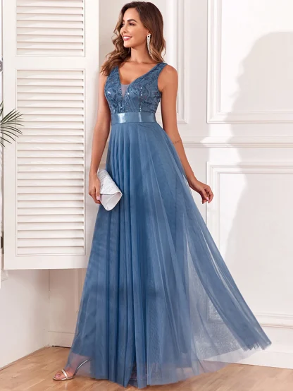 Sexy V-Neck Mesh Sequin Maxi Dress - Image 3