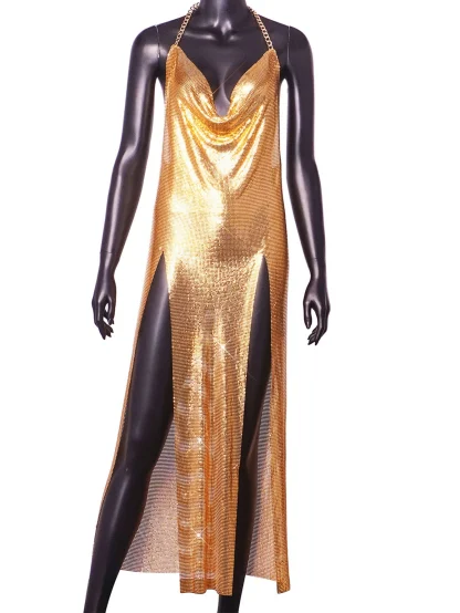 Metal Double High Slit Sequin Dress - Image 7
