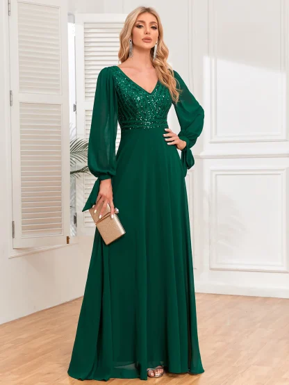 Elegant Long Sleeve Chiffon Shiny Dress - Image 2