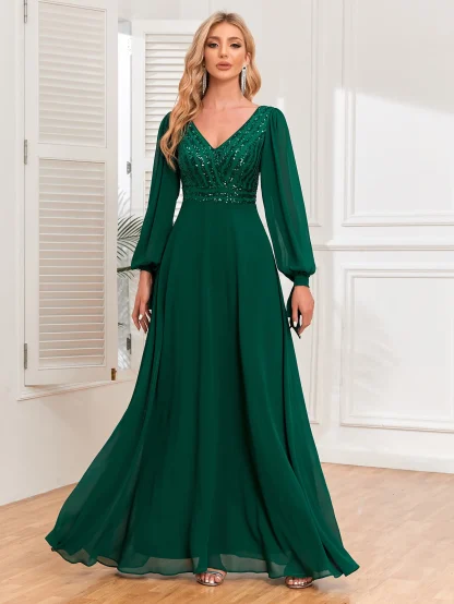 Elegant Long Sleeve Chiffon Shiny Dress