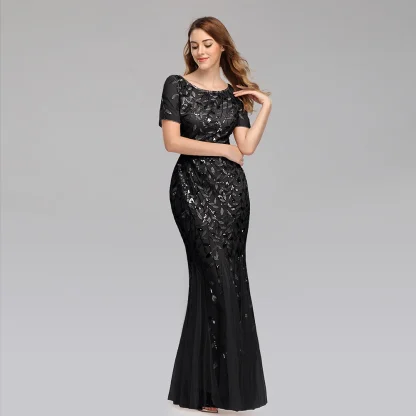 Elegant Leaf-Detail Sequin Chiffon Dress