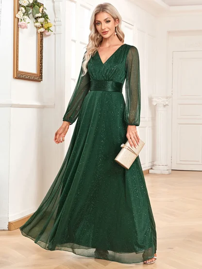 Puff Long Sleeve Sparkling Chiffon Dress - Image 5