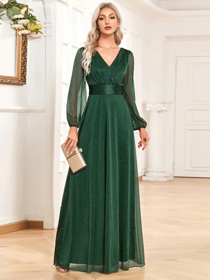 Puff Long Sleeve Sparkling Chiffon Dress - Image 2