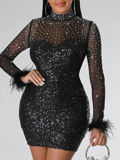 Sheer Mesh Sleeve Sequin Dress