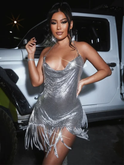 Metallic Halter Backless Sequin Dress - Image 2