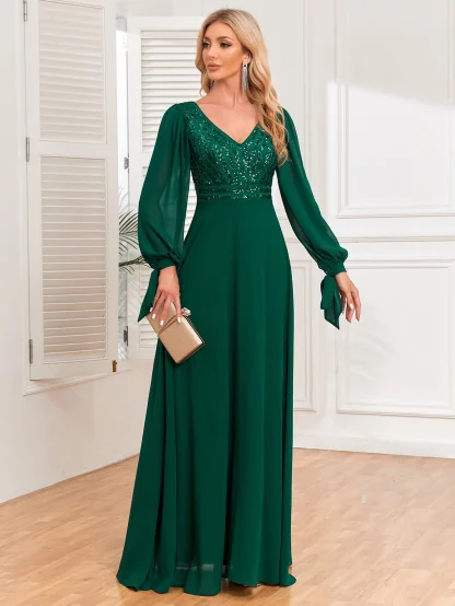 Elegant Long Sleeve Chiffon Shiny Dress - Image 5