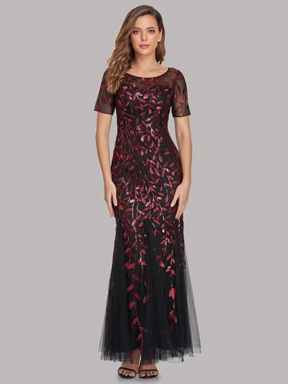 Elegant Leaf-Detail Sequin Chiffon Dress - Image 4