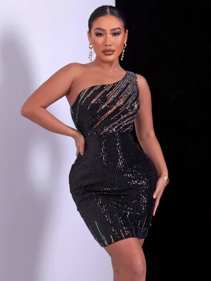Sexy One Shoulder Sleeve Sequin Dress - Image 4