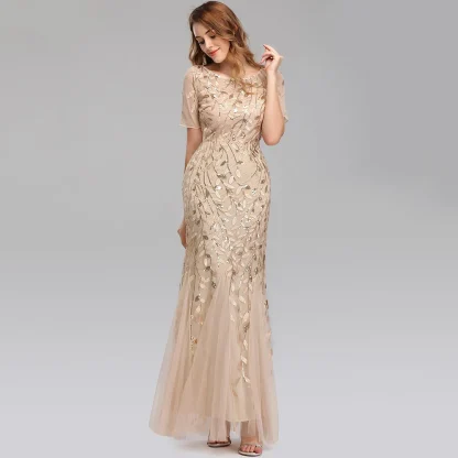 Elegant Leaf-Detail Sequin Chiffon Dress - Image 7