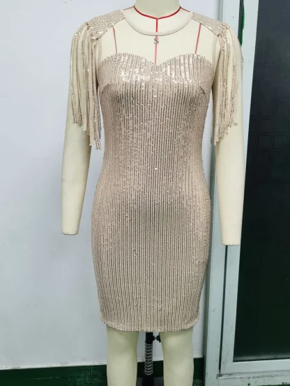Mesh Tassel Sleeve Shiny Dress - Image 5
