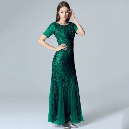 Elegant Leaf-Detail Sequin Chiffon Dress - Image 6