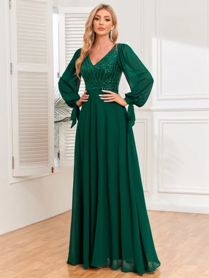Elegant Long Sleeve Chiffon Shiny Dress - Image 6