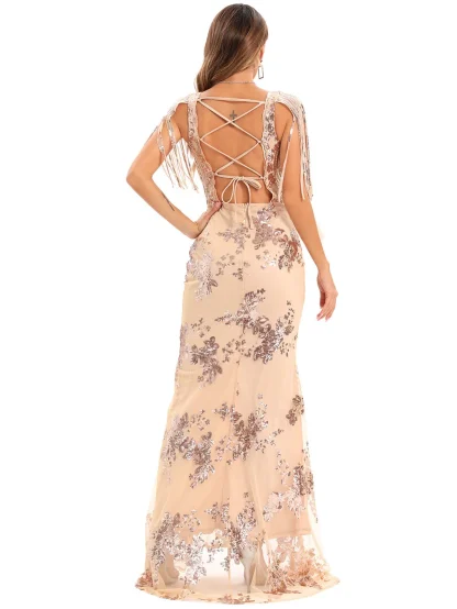 Lace Up Tassel Sleeve Shiny Dress - Image 4