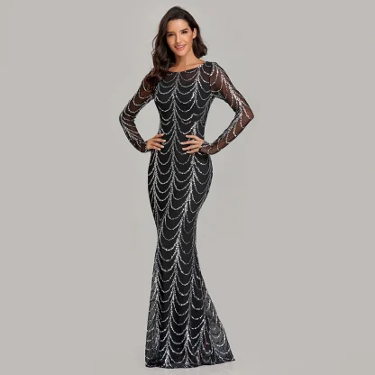 Long Sleeve Mesh Maxi Sequin Dress