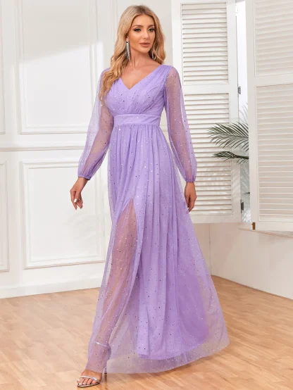 Long Mesh Sleeve Shiny V-Neck Dress - Image 5