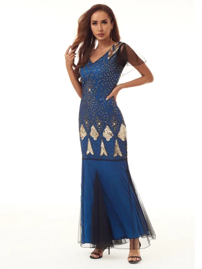 Mesh Sleeve Glam Sequin Long Dress - Image 4
