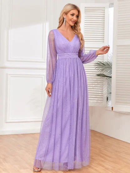 Long Mesh Sleeve Shiny V-Neck Dress - Image 4