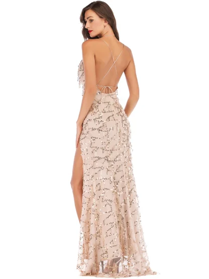 Deep V-Neck Sparkling Slit Dress - Image 5