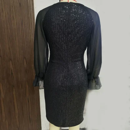 Mesh Long Sleeve Short Shiny Dress - Image 7