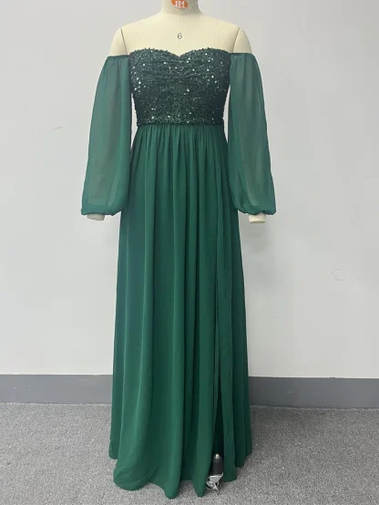 Long Puff Mesh Sleeve Shiny Dress - Image 4