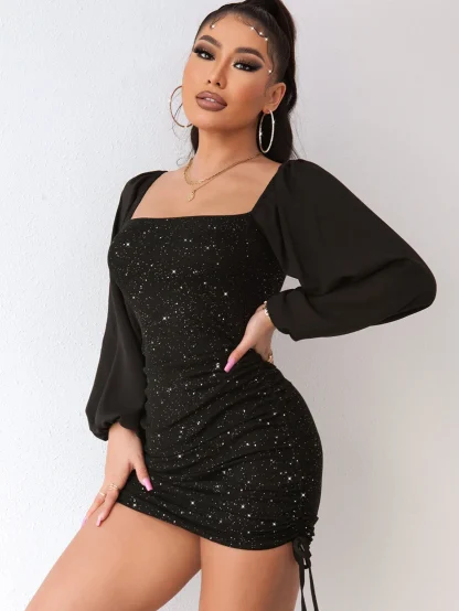 Mesh Long Sleeve Sequin Mini Dress - Image 4