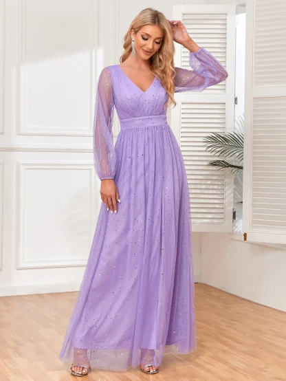 Long Mesh Sleeve Shiny V-Neck Dress - Image 3