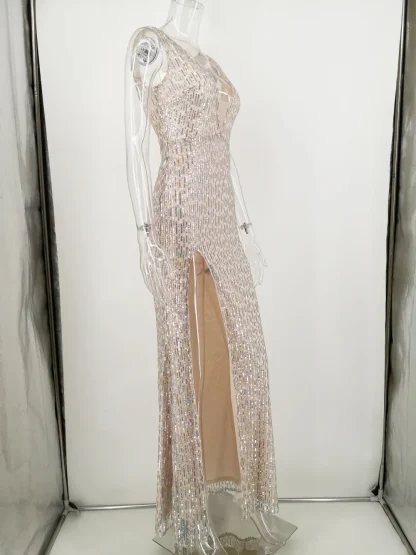 High Slit V-Neck Shiny Dress - Image 7