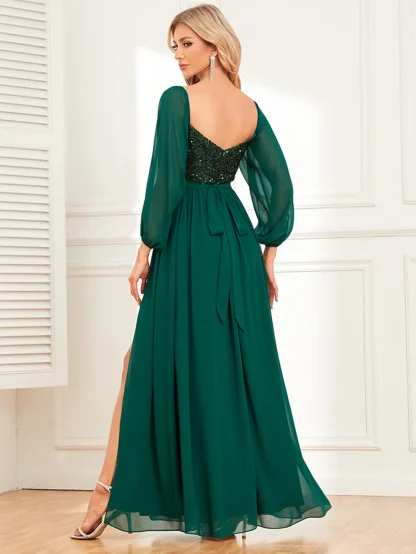 Long Puff Mesh Sleeve Shiny Dress - Image 3