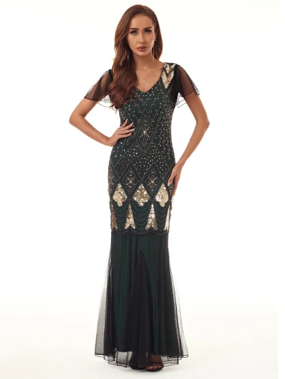 Mesh Sleeve Glam Sequin Long Dress - Image 2