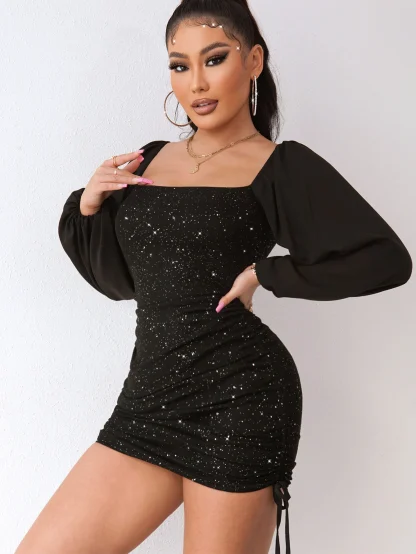 Mesh Long Sleeve Sequin Mini Dress - Image 3