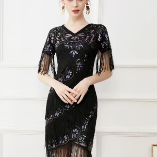 Tassel Hem Sleeve Midi Sequin Dress