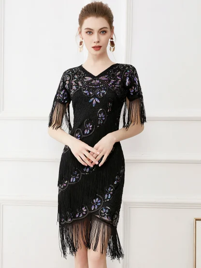 Tassel Hem Sleeve Midi Sequin Dress