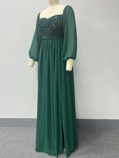 Long Puff Mesh Sleeve Shiny Dress - Image 5