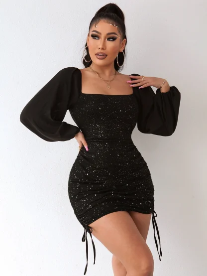 Mesh Long Sleeve Sequin Mini Dress